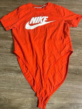 Nike High Leg Bodysuit Orange Red Logo Leotard L